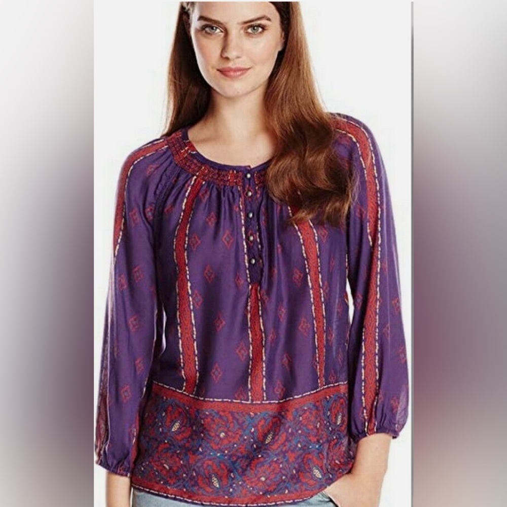 LUCKY BRAND ROSIE Purple Scarf Print peasant top with lace cut out trim